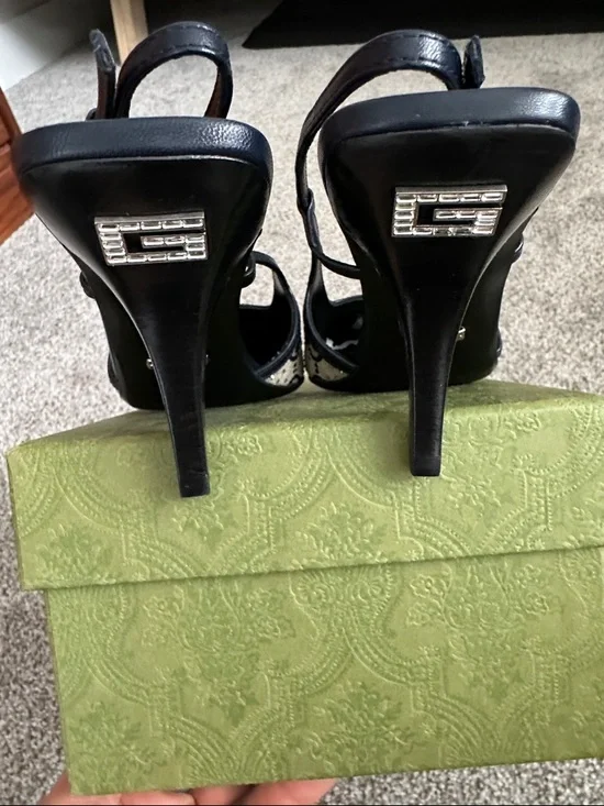 Gucci Beige and Blue GG Canvas and Leather Crystal Embellished Slingback Heels - Picture 4 of 5